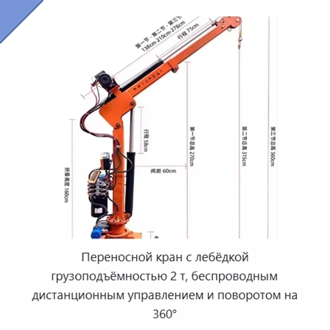 Переносной кран с лебёдкой грузоподъёмностью 2 т, беспроводным дистанционным управлением и поворотом на 360°