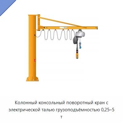 Колонный консольный поворотный кран с электрической талью грузоподъёмностью 0,25–5 т — Консольные краны