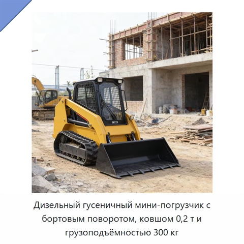 Дизельный гусеничный мини-погрузчик с бортовым поворотом, ковшом 0,2 т и грузоподъёмностью 300 кг