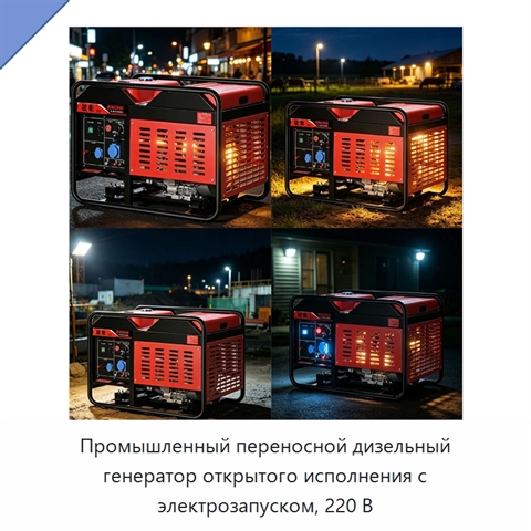 Промышленный переносной дизельный генератор открытого исполнения с электрозапуском, 220 В