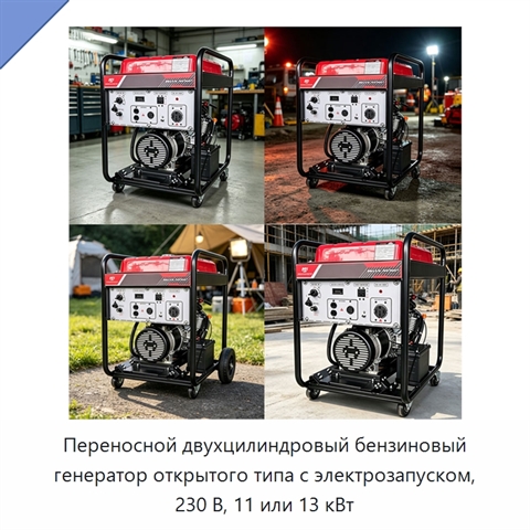 Переносной двухцилиндровый бензиновый генератор открытого типа с электрозапуском, 230 В, 11 или 13 кВт