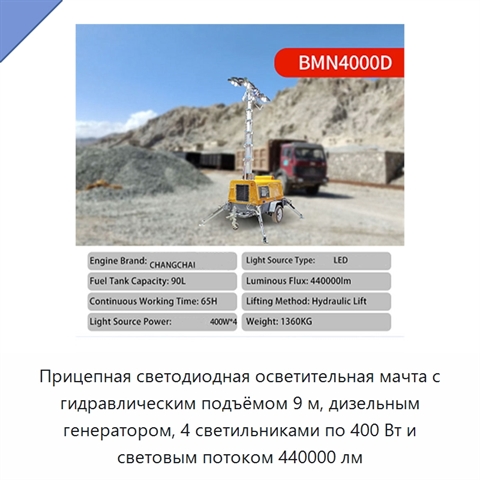 Прицепная светодиодная осветительная мачта с гидравлическим подъёмом 9 м, дизельным генератором, 4 светильниками по 400 Вт и световым потоком 440000 лм