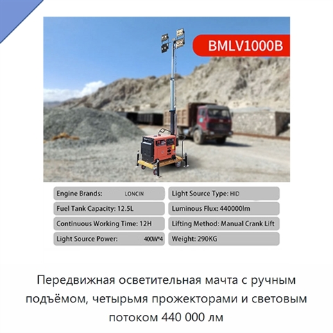 Передвижная осветительная мачта с ручным подъёмом, четырьмя прожекторами и световым потоком 440 000 лм