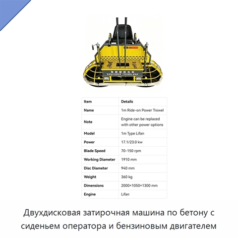 Двухдисковая затирочная машина по бетону с сиденьем оператора и бензиновым двигателем