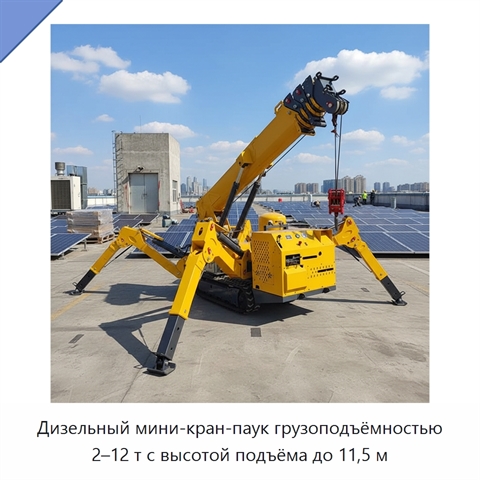 Дизельный мини-кран-паук грузоподъёмностью 2–12 т с высотой подъёма до 11,5 м
