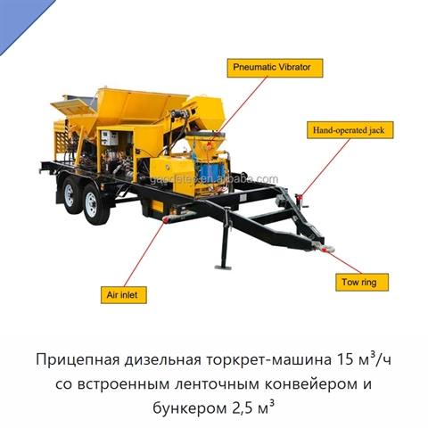 Прицепная дизельная торкрет-машина 15 м³/ч со встроенным ленточным конвейером и бункером 2,5 м³