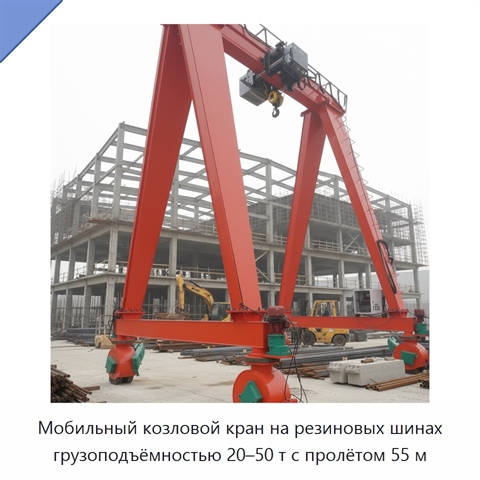 Мобильный козловой кран на резиновых шинах грузоподъёмностью 20–50 т с пролётом 55 м