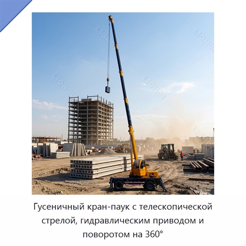 Гусеничный кран-паук с телескопической стрелой, гидравлическим приводом и поворотом на 360°
