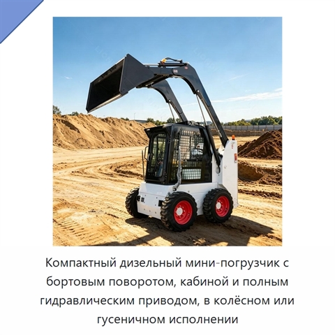 Компактный дизельный мини-погрузчик с бортовым поворотом, кабиной и полным гидравлическим приводом, в колёсном или гусеничном исполнении