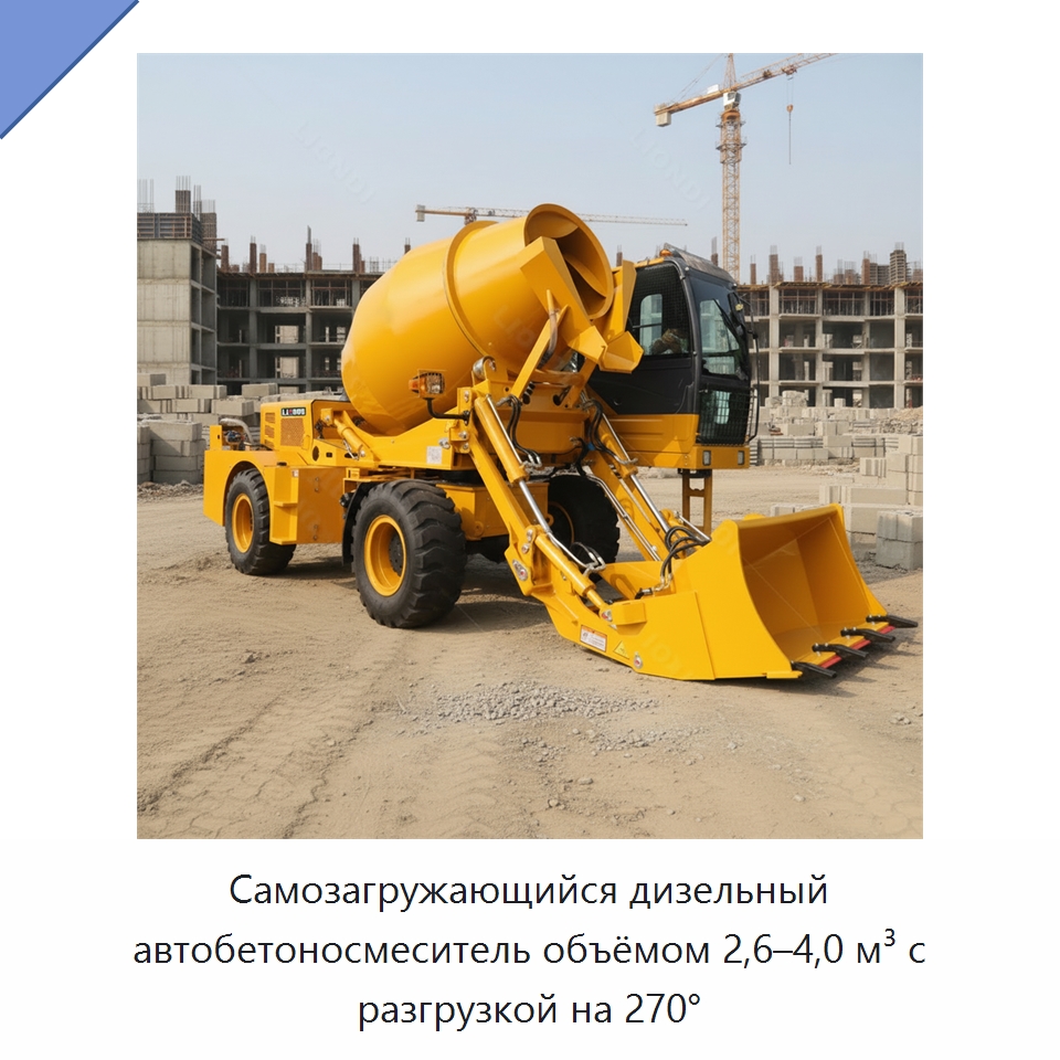 Самозагружающийся дизельный автобетоносмеситель объёмом 2,6–4,0 м³ с разгрузкой на 270° — Оборудование для работы с бетоном