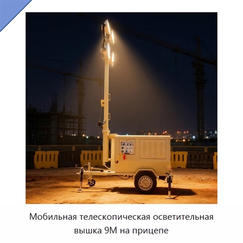 Мобильная телескопическая осветительная вышка 9M на прицепе