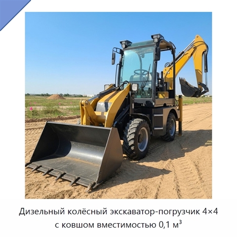 Дизельный колёсный экскаватор-погрузчик 4×4 с ковшом вместимостью 0,1 м³