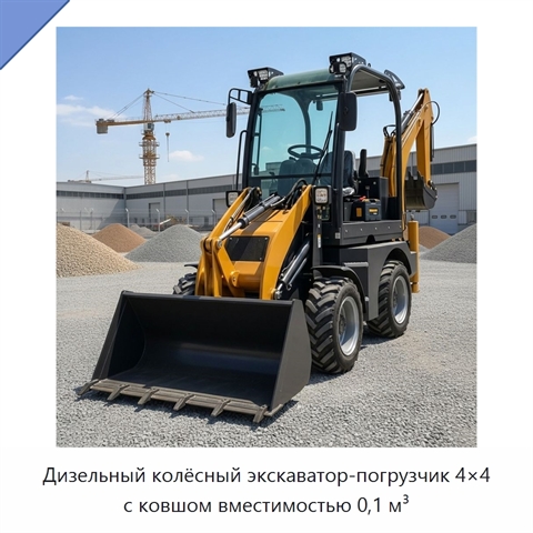 Дизельный колёсный экскаватор-погрузчик 4×4 с ковшом вместимостью 0,1 м³