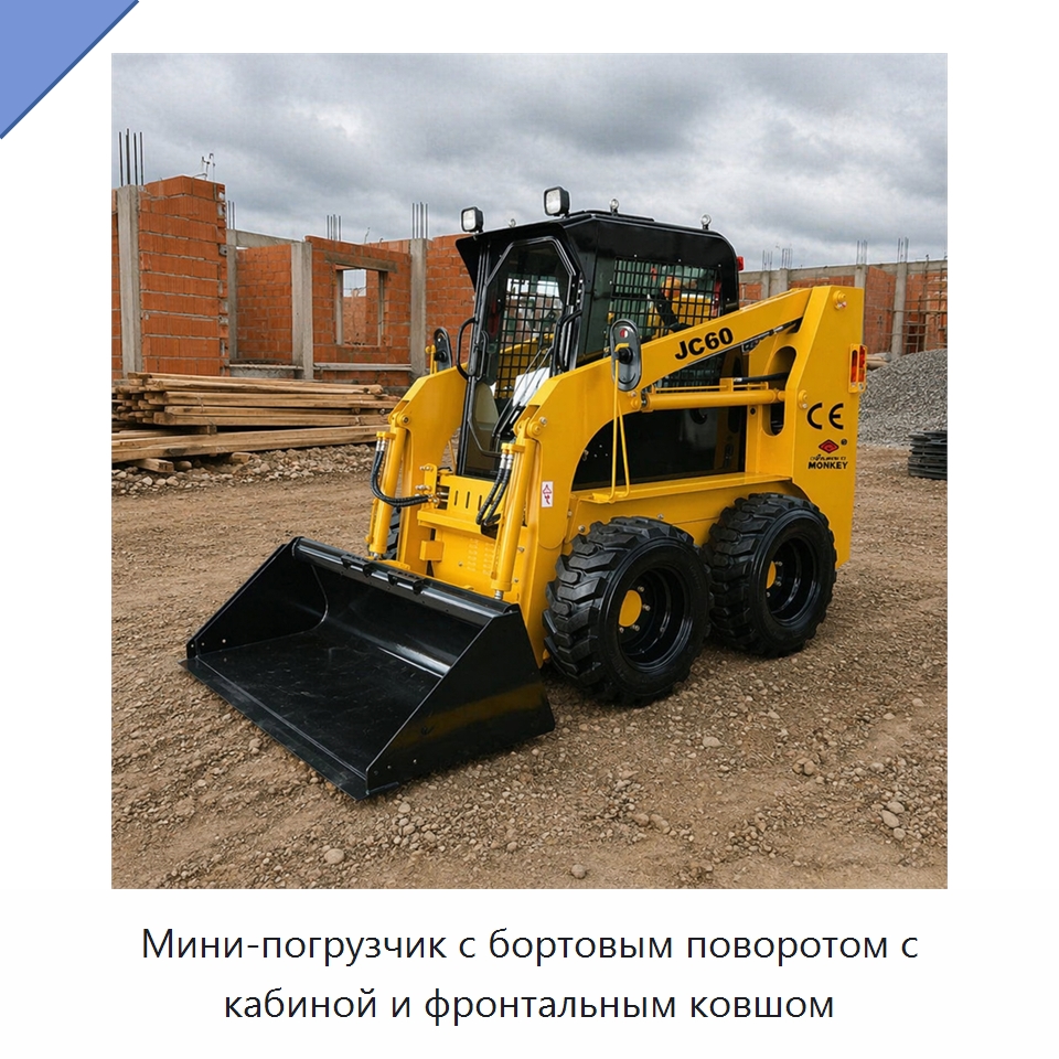 Мини-погрузчик с бортовым поворотом с кабиной и фронтальным ковшом — Землеройная техника