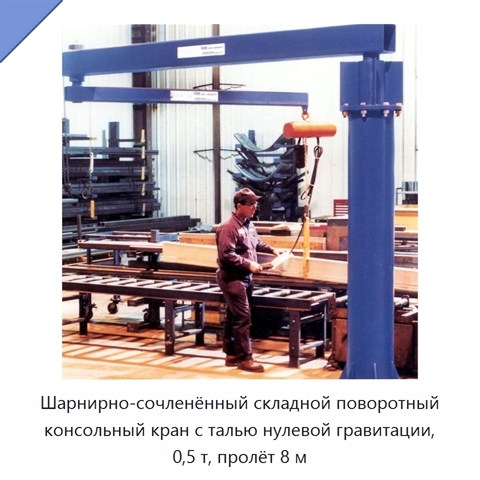 Шарнирно-сочленённый складной поворотный консольный кран с талью нулевой гравитации, 0,5 т, пролёт 8 м