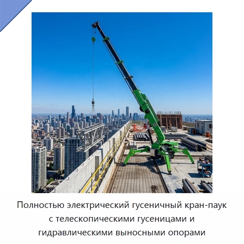 Полностью электрический гусеничный кран-паук с телескопическими гусеницами и гидравлическими выносными опорами