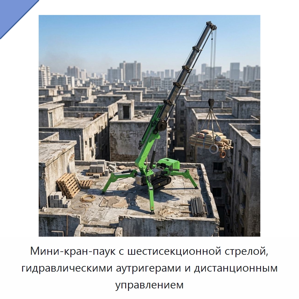 Мини-кран-паук с шестисекционной стрелой, гидравлическими аутригерами и дистанционным управлением — Краны