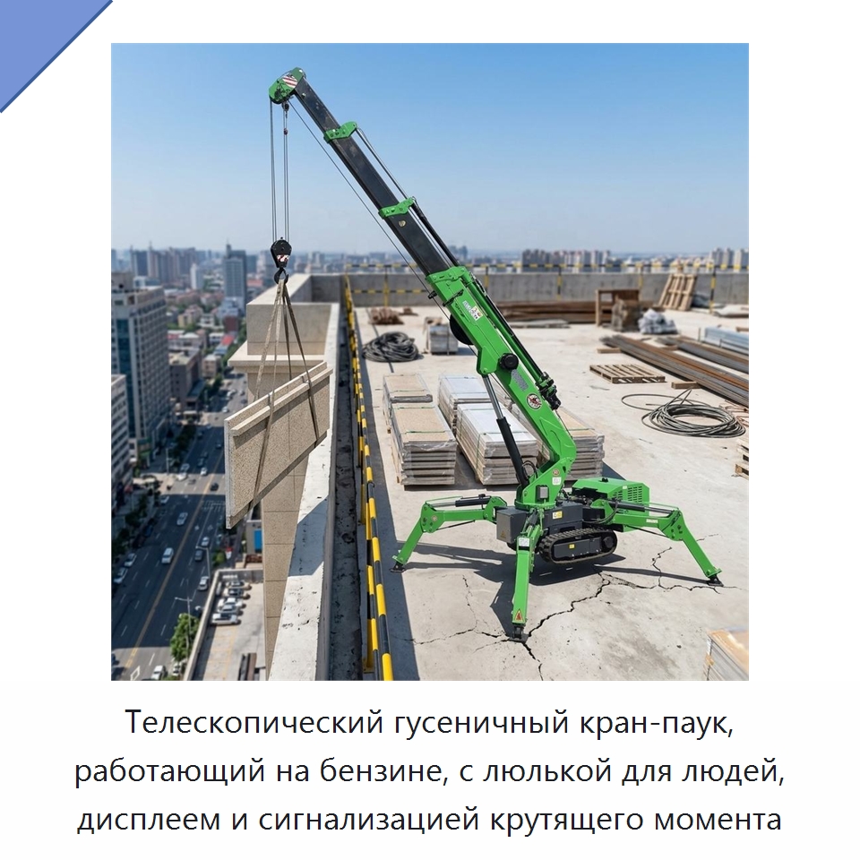 Телескопический гусеничный кран-паук, работающий на бензине, с люлькой для людей, дисплеем и сигнализацией крутящего момента — Краны