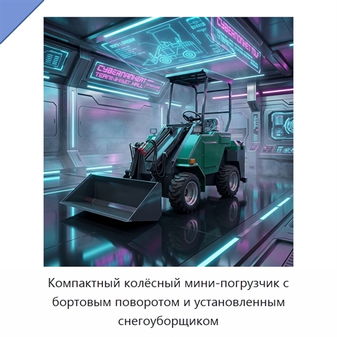 Компактный колёсный мини-погрузчик с бортовым поворотом и установленным снегоуборщиком