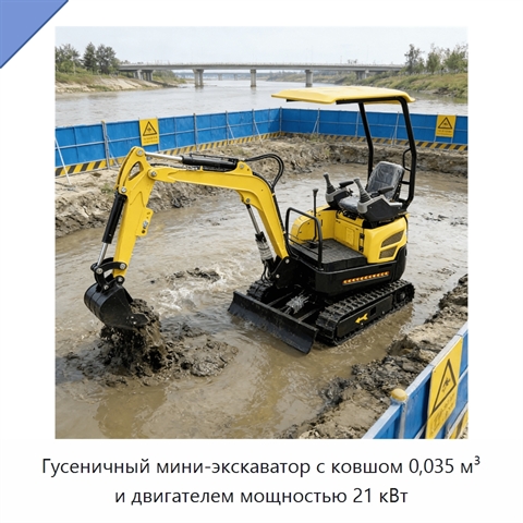 Гусеничный мини-экскаватор с ковшом 0,035 м³ и двигателем мощностью 21 кВт