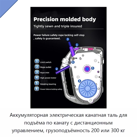 Аккумуляторная электрическая канатная таль для подъёма по канату с дистанционным управлением, грузоподъёмность 200 или 300 кг