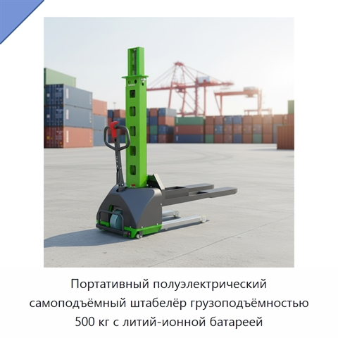 Портативный полуэлектрический самоподъёмный штабелёр грузоподъёмностью 500 кг с литий-ионной батареей