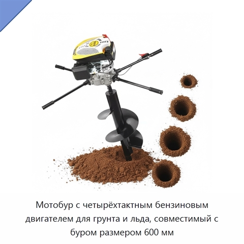 Мотобур с четырёхтактным бензиновым двигателем для грунта и льда, совместимый с буром размером 600 мм