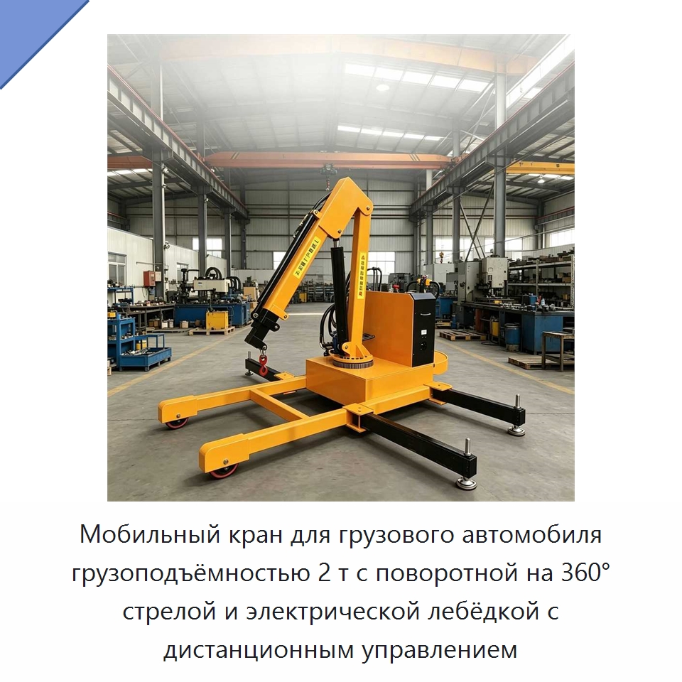 Мобильный кран для грузового автомобиля грузоподъёмностью 2 т с поворотной на 360° стрелой и электрической лебёдкой с дистанционным управлением — Краны