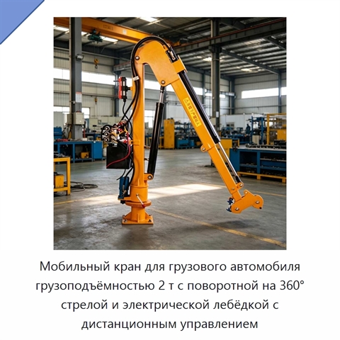 Мобильный кран для грузового автомобиля грузоподъёмностью 2 т с поворотной на 360° стрелой и электрической лебёдкой с дистанционным управлением