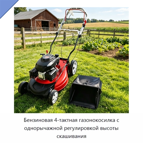Бензиновая 4-тактная газонокосилка с однорычажной регулировкой высоты скашивания