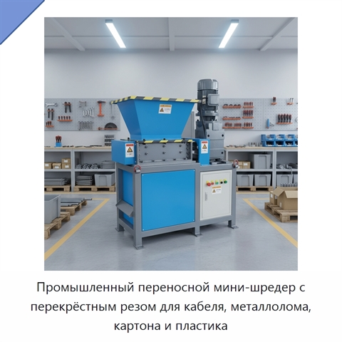 Промышленный переносной мини-шредер с перекрёстным резом для кабеля, металлолома, картона и пластика