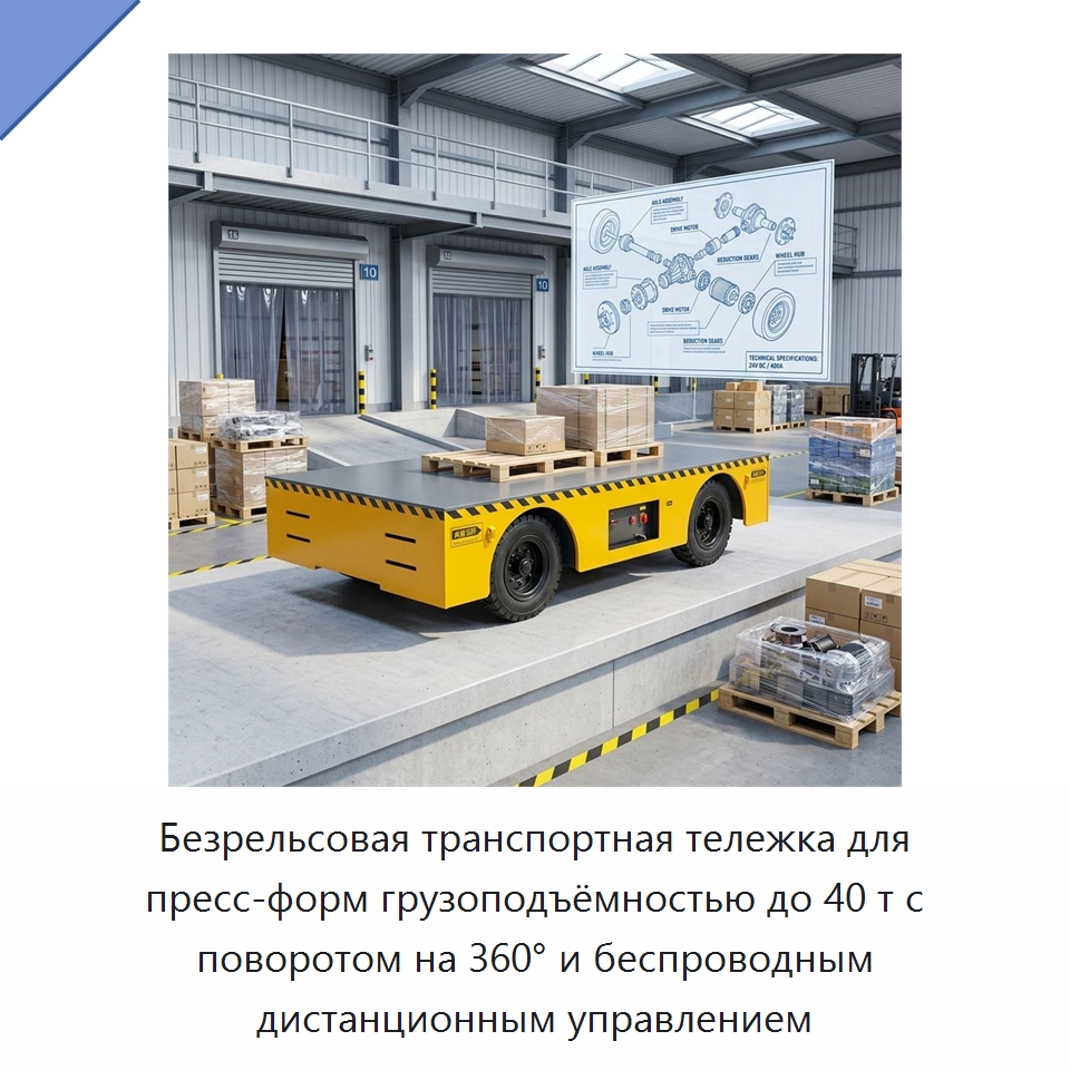 Безрельсовая транспортная тележка для пресс-форм грузоподъёмностью до 40 т с поворотом на 360° и беспроводным дистанционным управлением — Специальное подъемно-транспортное оборудование