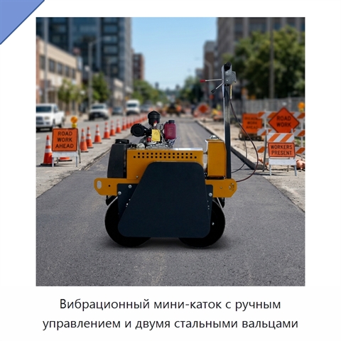 Вибрационный мини-каток с ручным управлением и двумя стальными вальцами