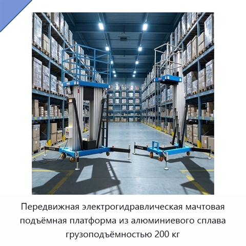Передвижная электрогидравлическая мачтовая подъёмная платформа из алюминиевого сплава грузоподъёмностью 200 кг