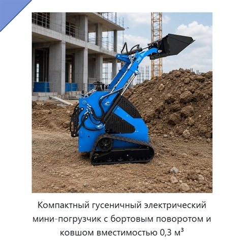 Компактный гусеничный электрический мини-погрузчик с бортовым поворотом и ковшом вместимостью 0,3 м³