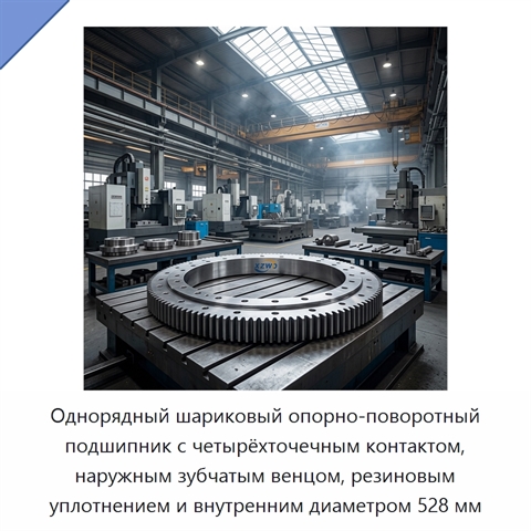 Однорядный шариковый опорно-поворотный подшипник с четырёхточечным контактом, наружным зубчатым венцом, резиновым уплотнением и внутренним диаметром 528 мм