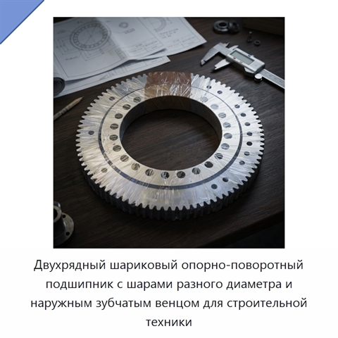 Двухрядный шариковый опорно-поворотный подшипник с шарами разного диаметра и наружным зубчатым венцом для строительной техники