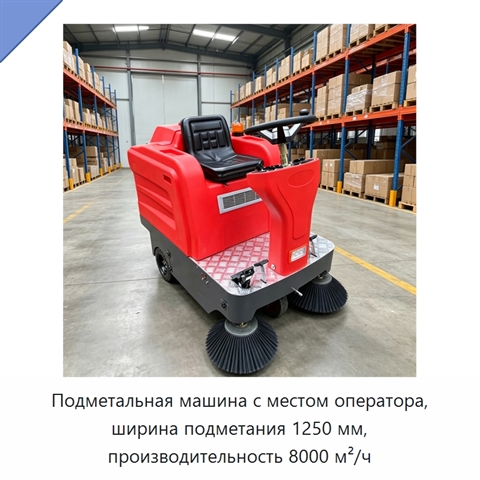 Подметальная машина с местом оператора, ширина подметания 1250 мм, производительность 8000 м²/ч