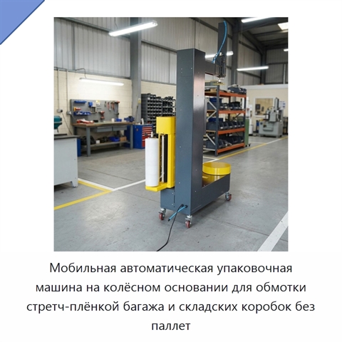 Мобильная автоматическая упаковочная машина на колёсном основании для обмотки стретч-плёнкой багажа и складских коробок без паллет