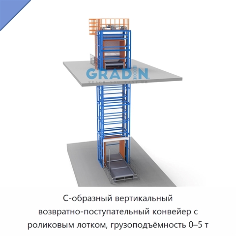 С-образный вертикальный возвратно-поступательный конвейер с роликовым лотком, грузоподъёмность 0–5 т