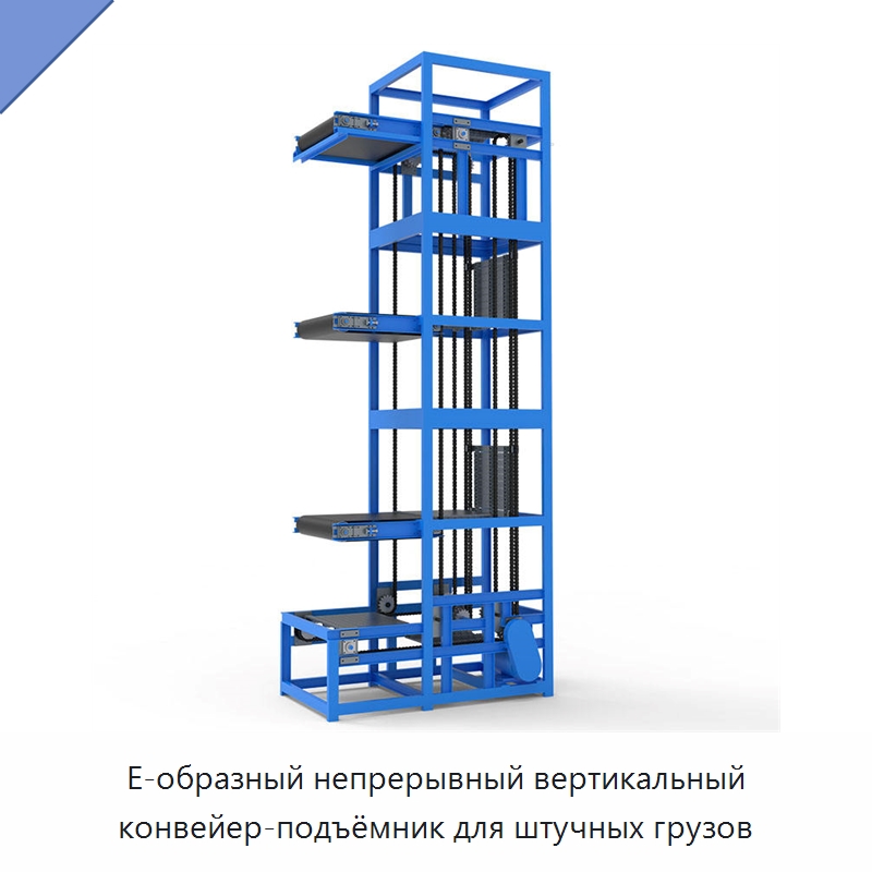 E-образный непрерывный вертикальный конвейер-подъёмник для штучных грузов — Подъемные столы