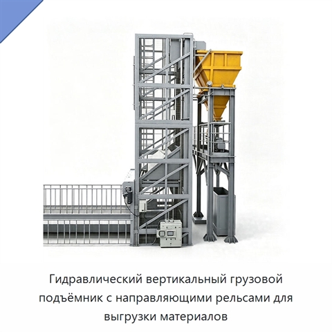 Гидравлический вертикальный грузовой подъёмник с направляющими рельсами для выгрузки материалов