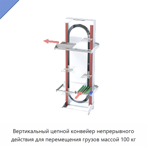 Вертикальный цепной конвейер непрерывного действия для перемещения грузов массой 100 кг