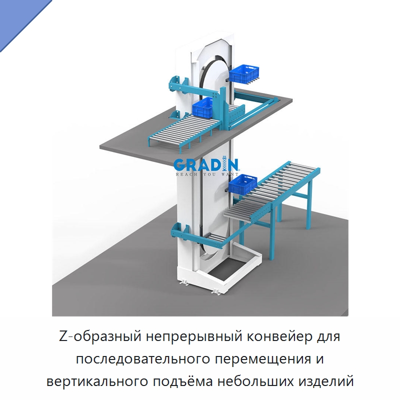 Z-образный непрерывный конвейер для последовательного перемещения и вертикального подъёма небольших изделий