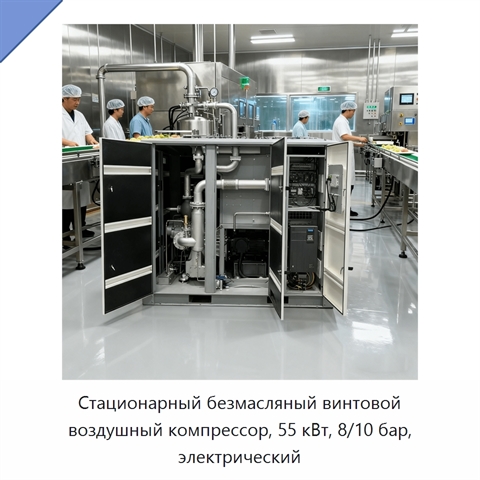 Стационарный безмасляный винтовой воздушный компрессор, 55 кВт, 8/10 бар, электрический