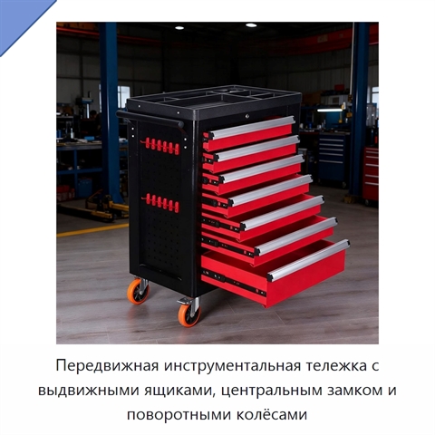 Передвижная инструментальная тележка с выдвижными ящиками, центральным замком и поворотными колёсами