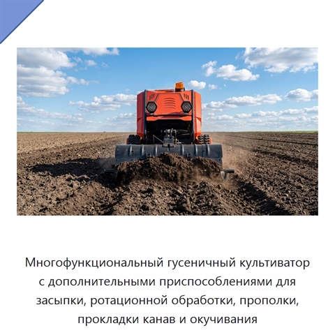 Многофункциональный гусеничный культиватор с дополнительными приспособлениями для засыпки, ротационной обработки, прополки, прокладки канав и окучивания
