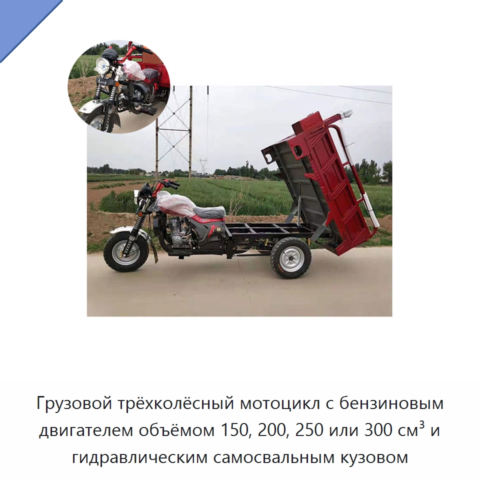Грузовой трёхколёсный мотоцикл с бензиновым двигателем объёмом 150, 200, 250 или 300 см³ и гидравлическим самосвальным кузовом — Специальные машины и промышленное оборудование