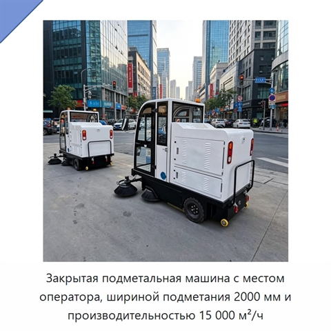 Закрытая подметальная машина с местом оператора, шириной подметания 2000 мм и производительностью 15 000 м²/ч