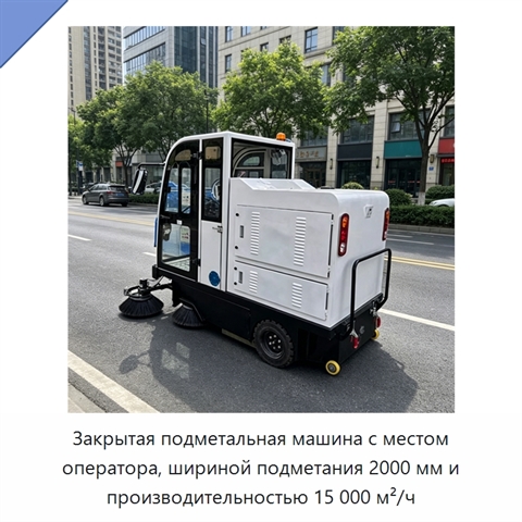 Закрытая подметальная машина с местом оператора, шириной подметания 2000 мм и производительностью 15 000 м²/ч